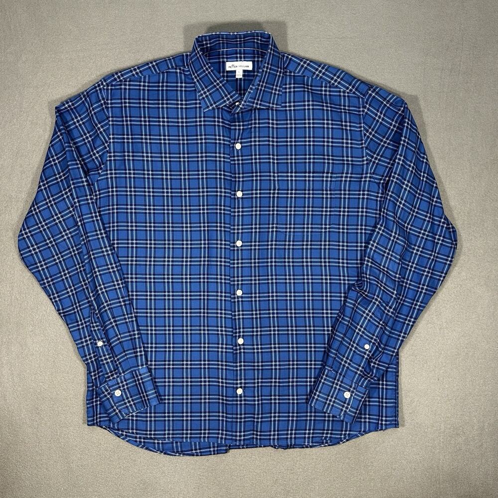 Peter Millar Men’s Blue Plaid Button Front Long Sleeve Shirt 100% Cotton Size L